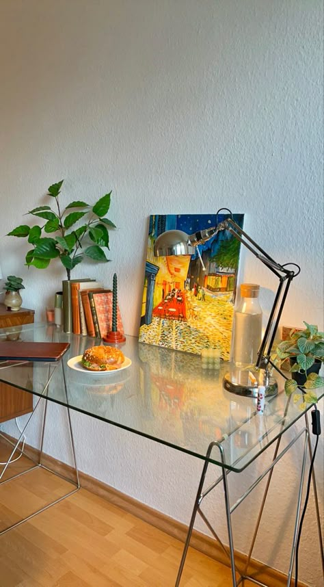 Glass Desk Setup Aesthetic, Glass Desk Setup, Glass Desk Aesthetic, Ikea Bauhaus, Bauhaus Office, 70s Desk, Germany Apartment, Bauhaus Desk, Cornwall House