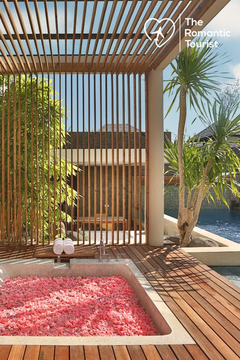 Stay at this secluded romantic villa in Bali with private pool and rose petal floral bath for two. 📍Berry Amour Romantic Villas Hotel With Rose Petals, Romantic Swimming Pools Night, Honeymoon In Bali, Rose Petal Bath Romantic, Bali Honeymoon Romantic, Flower Pool Bali, Romantic Bath, Bali Honeymoon, Rose Bath