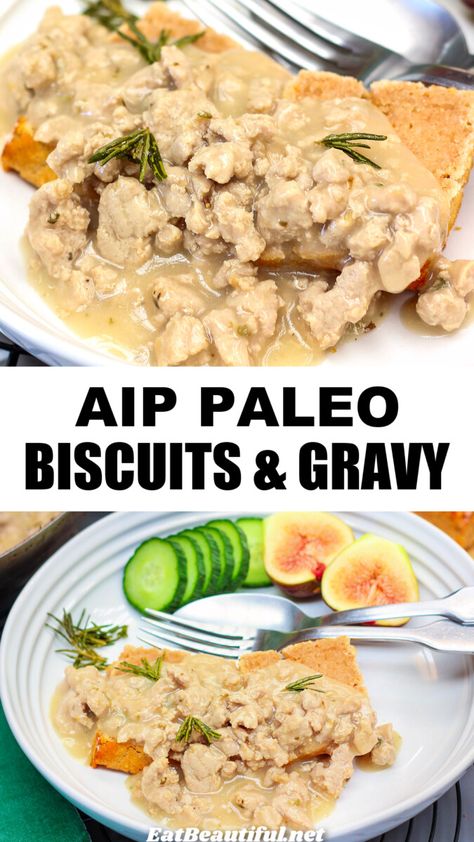 AIP Biscuits and Gravy is the comfort food main dish you've been looking for -- for breakfast, brunch or dinner. Paleo, Gluten-free. || aip biscuits and gravy | aip biscuits easy | aip biscuits cassava | aip chicken and biscuits | fluffy aip biscuits | paleo aip biscuits | biscuits and gravy recipe | aip | paleo | gluten free | aip sausage biscuits | aip beef gravy | aip gravy recipe | aip chicken gravy Aip Gravy, Aip Sausage, Aip Biscuits, Biscuits Fluffy, Aip Chicken, Biscuits And Gravy Recipe, Primal Living, Dinner Paleo, Aip Breakfast