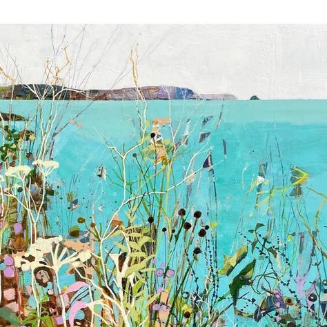 Lucy Davies on Instagram: "After my recent post demonstrating a fairly random approach to starting a painting - here is the finished piece. I wanted a complicated, textured base to help create the depth and interest in the foreground plants and flowers. This is a view of Gull Rock from the coastal footpath at Portscatho and will be whizzing down to Cornwall to be framed and then on to @theharbourgallery.co.uk . . . . . . . . . . . . . . . . . . #painting #paint #art #artist #view #artoninstagra Lucy Davies Artist, Fabric Landscapes, Lucy Davis, Seaside Paintings, Abstract Landscapes, Painting Inspo, Summer Inspo, Plants And Flowers, Coastal Landscape