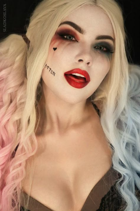 Harley Quinn Costume Makeup, Harley Quinn Costume Diy, Tato Geisha, Harley Quinn Disfraz, Easy Halloween Makeup Ideas, Harley Quinn Halloween Costume, Easy Halloween Makeup, Harley Quinn Makeup, Halloweenský Makeup