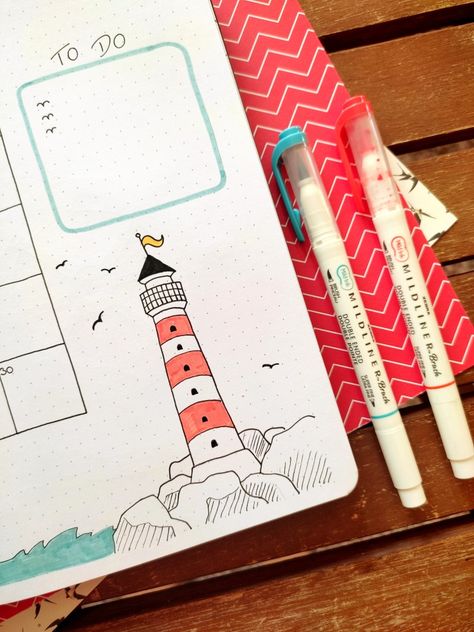 Little lighthouse drawing in my bullet journal - I used Zebra Mildliners for coloring Lighthouse Bullet Journal, Bullet Journal August, Lighthouse Drawing, Bulletin Journal, Planner Doodles, Bullet Journal Page, Bulletin Journal Ideas, Bullet Planner, Bullet Journal Design Ideas