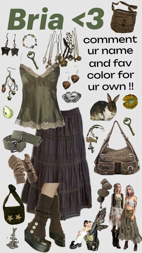 for @briastafford13 fairy grunge outfit inspo !! comment ur name and fav color for an outfit<3 #bria #comment #name #personalized #fairycore #fairygrunge #forest #green #brown Grunge Fairycore Outfits, Grudge Outfits, Fairy Grunge Outfit, Fairycore Outfit, Witchy Outfits, Shoe Room, Fairy Outfit, Fav Color, Grunge Outfit