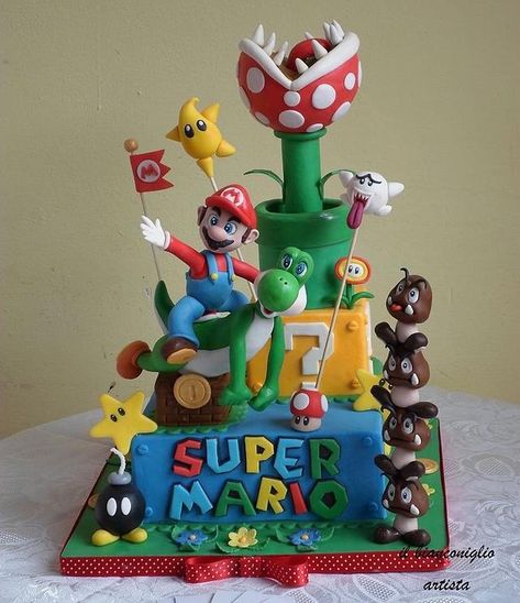 Supermario Cakes, Yoshi Birthday Cake, Super Mario Cake Ideas, Super Mario Birthday Theme, Mario Cake Ideas, Luigi Cake, Cake Mario, Mario Kart Cake, Pokemon Party Decorations