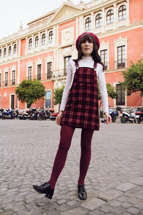 Overalls in Seville | Carolina Pinglo Colorful Tights Outfit, Carolina Pinglo, Twee Style, Burgundy Tights, Colored Tights Outfit, Coloured Tights, Tights Outfits, Red Tights, Stockings Outfit