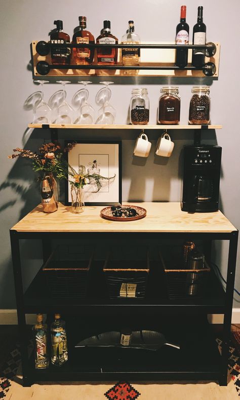 coffee // wine // whiskey bar Coffee Bar Masculine, Bar Corner Apartment, Home Espresso Bar Ideas, Office Whiskey Bar, Aesthetic Coffee Bar Ideas, Liquor Corner Ideas, Whiskey Corner Home, Coffee Bar Ideas For Men, Corner Coffee And Wine Bar Ideas