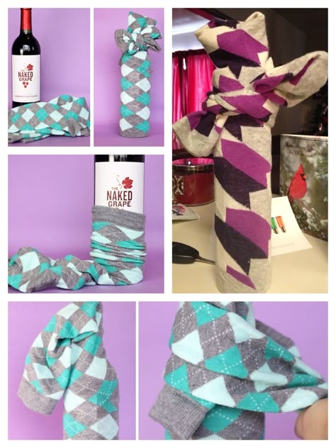 Wrap wine bottles or in my case, glass water bottles with socks.  From formalfringe Gift Wrapping Bottles Of Liquor, Wrap A Wine Bottle, Cute Knee Socks, Diy Favors, Sock Designs, Glass Water Bottles, Christmas Gift Baskets Diy, Wrapped Wine Bottles, Candy Bouquet Diy