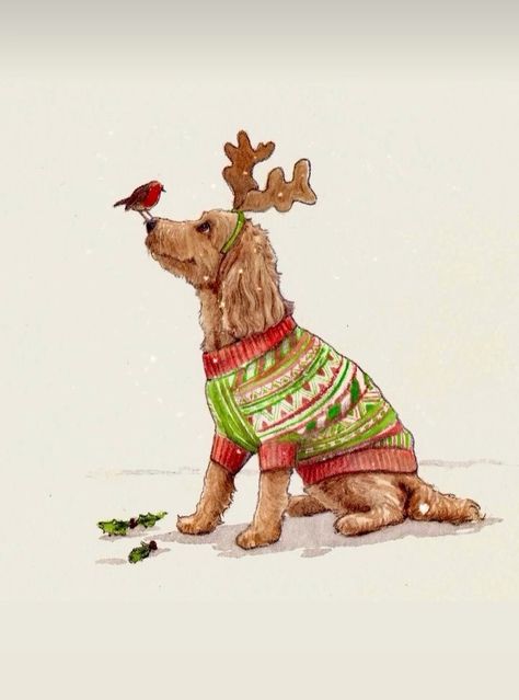 Dog Christmas Jumper, Cockapoo Illustration, Dog Jumpers, Christmas Dog, Christmas Sweaters, Christmas Holidays, Christmas Cards, Dogs, Christmas