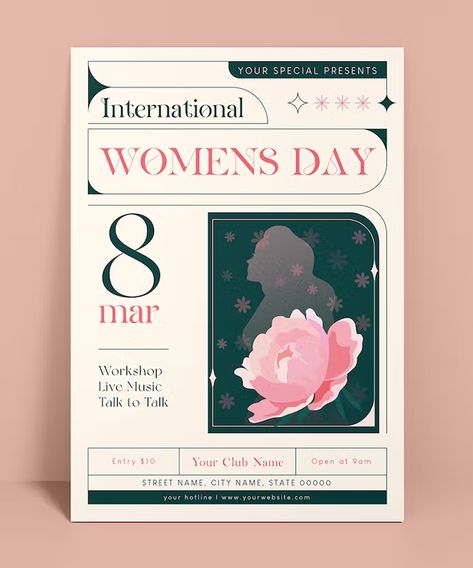 Women's Day Flyer Template AI, EPS Feminine Design Graphic, Flyer Ideas Design, Woman Day Poster, Woman Day Design Poster, Womens Day Posters Graphic Design, Women's Day Flyer, Class Poster Design, Graphic Shapes Design, Flyers Design