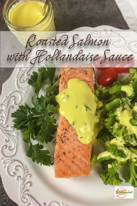 Roasted Salmon with Hollandaise Sauce Ingredients: 4 6-oz. salmon fillets 1 T. extra virgin olive oil Sea salt and black pepper, to taste Easy Blender Hollandaise Sauce: 3 egg yolks 1½ T. lemon juice 1/8 t. salt 1/8 t. cayenne pepper 6 T. unsalted butter 2 T. fresh chives, chopped More ... Recipe For Hollandaise Sauce, My Plate, Hollandaise Sauce, Easy Salmon, Roasted Asparagus, Keto Meal Prep, Roasted Salmon, Pesto Sauce, Fresh Chives