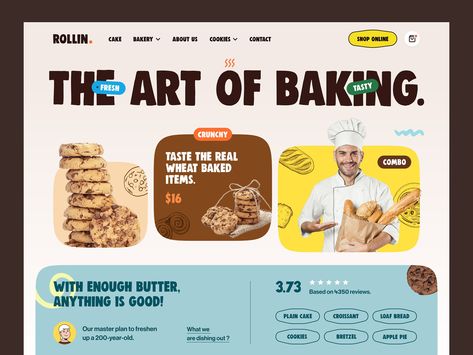 Rollin - Bakery Website by Farzan Faruk for Rylic Studio on Dribbble Website Breadcrumbs Design, Pattern Website Design, Bakery Website Design, Baking Branding, Creative Website Design Inspiration, Cookies Website, Food Editorial, Cooking Website, Food Website Design