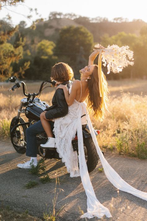 Bride On Motorcycle, Motorcycle Wedding Exit, Eloping Outfits, Bride Motorcycle, Biker Elopement, Motorcycle Bride, Wedding Exit Outfit, Motorcycle Elopement, Motorcycle Wedding Pictures