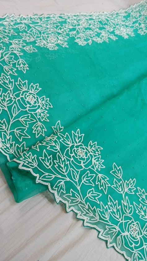 Dupatta Aari Work, Moti Work Embroidery Kurti, Pearl Work On Kurti, Moti Work Blouse Designs, Moti Work Embroidery, Hand Embroidery Saree, Glitter Embroidery, Dupatta Design, Simple Hand Embroidery