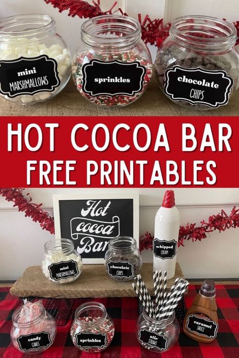 Christmas Desert Bar Ideas, Hot Cocoa Sign Free Printables, Coffee Bar Ingredients, Hot Cocoa Bar Ideas For Kids, Hot Chocolate Bar Sign Printable Free, Free Hot Cocoa Bar Printables, Hot Chocolate Bar Toppings List, Hot Chocolate Bar For Kids, Hot Chocolate Toppings Bar