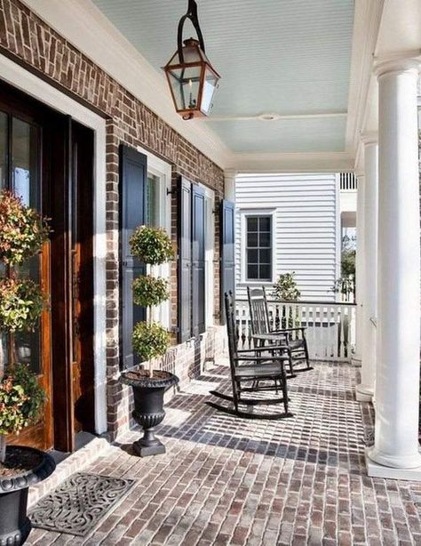 porch flooring ideas front porch decorating ideas brick flooring pros and cons Terasse Ideas, Haint Blue Porch Ceiling, Blue Porch Ceiling, Veranda Design, Brick Porch, Traditional Porch, Porch Design Ideas, Haint Blue, Porch Ceiling