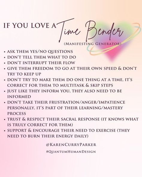 Quantum Human Design Certification Training on Instagram: "Time Benders are a hybrid Type of the Initiator (Manifestor) & Alchemist (Generator).⁠⁠ ⁠⁠ They have a deep inner awareness to know what’s right for them as they wait for a “sign” or a signal that the timing is right to take action. They have a strong intuition turned on by gut-level pulses that simultaneously place them in the right place, doing the right work, having the right impact.⁠⁠ ⁠⁠ Time Benders determine the fastest way to comp Time Bender Human Design, Alchemist Generator, Strong Intuition, Manifesting Generator, Human Design System, Yes Or No Questions, Inner Guidance, Feeling Nothing, Instagram Time