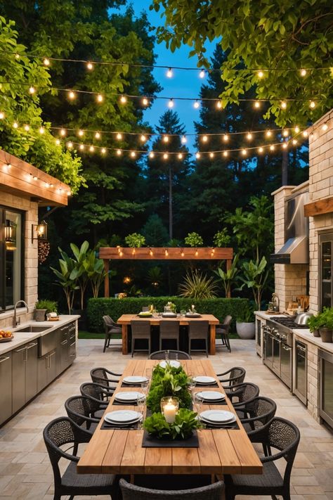 Garden Dining Area Ideas, Entertaining Area Outdoor, Hardscape Ideas Backyard, Backyard Bbq Area, Entertainers Backyard, Narrow Backyard, Outdoor Kitchen And Dining, Backyard Entertaining Area, Fire Table Patio