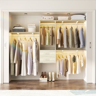 This product is the perfect answer for storage in your reach-in or walk-in closet. Combined with deep drawers, this organizer allows functionality and elegance to be displayed all at once. The wood drawers accommodate all the storage needed for small and large items. This organizer fits closets 8ft. wide or less and supplies enough shelves, garment bars, and options to provide up to 37.8 inches of shelf space. This exceptional unit comes with step-by-step assembly instructions with multiple design options that will instantly transform your space. Rebrilliant Finish: Washed Oak | Rebrilliant Nakada 20.47" - 96" W Closet System w/ 2 Wood Drawers White, Manufactured wood | Organization | C111619089_150093118 | Wayfair Canada Closet Behind Bed, Wall Mounted Closet, Master Closet Design, Closet Small Bedroom, Small Bedroom Furniture, Closet Systems, Open Closet, Closet Organizing Systems, Closet Remodel