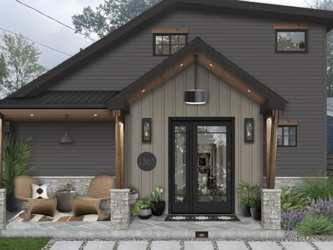 Charcoal House, Outside House Colors, Gray House Exterior, Dark Paint Colors, Paint Color Ideas, Color Palette Ideas, Dark Color Palette, Cabin Exterior, Cottage Exterior