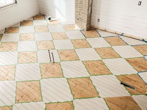 How to Paint a Harlequin Floor Pattern - Midcounty Journal How To Paint Squares On A Floor, Stained Checkerboard Wood Floor, Checkerboard Painted Wood Floors, Painted Harlequin Wood Floor, Harlequin Wood Floor, Stained Checkerboard Floor, Painted Wood Kitchen Floor, Diy Checkerboard Floor, Timber Floor Bathroom