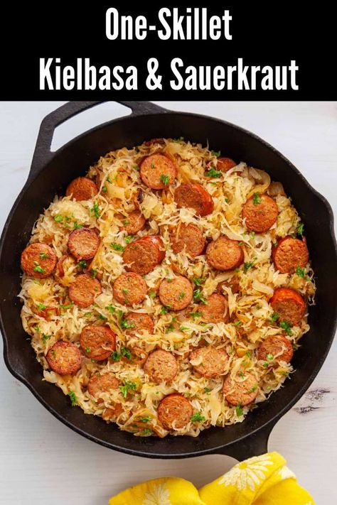 Kielbasa With Sauerkraut, Kielbasa And Sour Kraut Recipes, Sour Kraut And Kielbasa, Kielbasa And Sauerkraut Skillet, Keilbasa And Sauerkraut, Saurkraut And Kielbasa, Smoked Sausage And Sauerkraut Recipe, Sausage And Kraut, Sourkrout Recipes