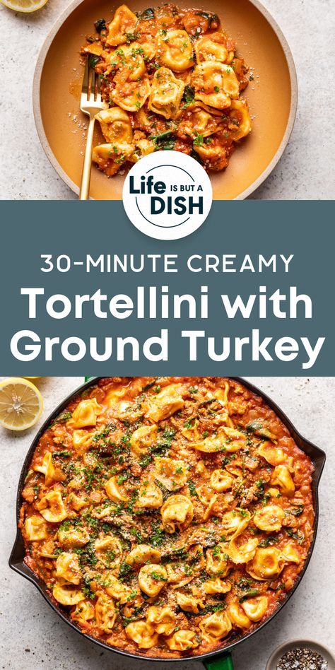 This easy ground turkey and tortellini recipe combines cheese tortellini, savory ground turkey, and a creamy pasta sauce made with marinara sauce and Greek yogurt for a satisfying meal that’s ready in a snap. Get ready to enjoy a hearty, healthy pasta dinner with little effort! Healthy Pasta Recipes Ground Turkey, Tortellini Ground Turkey Recipes, Healthy Tortellini Recipes Health, Ground Turkey Pesto Pasta, Dinner Recipe Ground Turkey, Crockpot Ground Turkey Recipes, Healthy Tortellini Recipes, Creamy Tortellini Pasta, Ground Turkey Pasta Bake