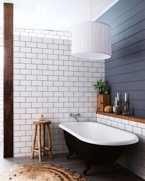 Love the shelf behind this free standing tub! Looks great and the perfect place for candles, bath salts and a glass of wine! #bathtub #tile… Black Bath Tub, Country Style Bathrooms, Modern Country Style, Scandinavian Bathroom, Bad Inspiration, Black Bath, Country Bathroom, Bathroom Renos, Laundry In Bathroom