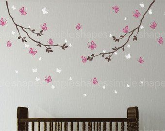 Butterfly wall decals nursery | Etsy Family Tree Mural, Pink Playroom, Baby Nursery Decals, Crib Wall, Stickers Rainbow, Watercolor Dots, Butterfly Wall Decals, Tree Mural, Tree Decals