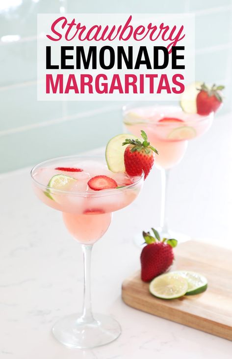 An easy and delicious recipe to make a strawberry lemonade margarita. With only 4 ingredients this is the perfect cocktail for Summer or Cinco de Mayo. #Cocktail #CocktailRecipe #Margarita #Cincodemayo #SummerCocktail Strawberry Lemonade Margarita, Lemonade Margarita Recipe, Lemonade Margarita, Easy Lemonade Recipe, Strawberry Margarita Recipe, Country Time Lemonade, Classic Margarita Recipe, Flavored Lemonade, Cranberry Margarita