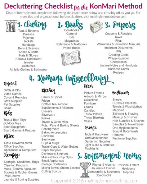 The Ultimate FREE Printable Decluttering Checklist for KonMari Success! | Making Lemonade | Bloglovin’ Konmari Checklist, Konmari Organizing, Decluttering Checklist, Making Lemonade, Konmari Method, Organisation Hacks, Home Organisation, Organize Declutter, Declutter Your Home