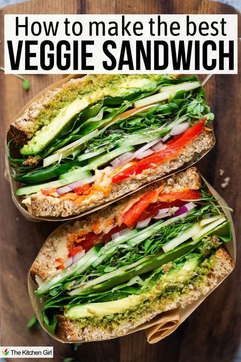 A veggie sandwich with layers of avocado, spinach, red peppers, cucumbers, and sprouts on whole grain bread, cut in half, displayed on a wooden surface. Text above reads, How to make the best veggie sandwich. Sandwich Ideas No Lunch Meat, High Veggie Lunch, Vegan Sandwiches Ideas, Vegetable Sandwiches Recipes, Veggie Subs Sandwich, Veggie Panini Sandwiches, Sandwich Recipes Dairy Free, Vegetable Sandwich Ideas, Ultimate Veggie Sandwich