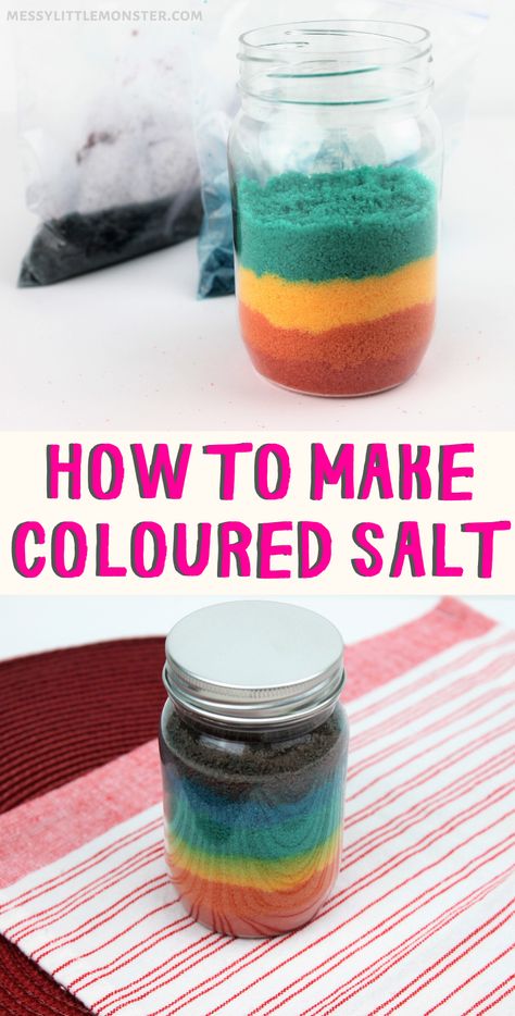 How to make rainbow coloured salt jars - the easy way! Salt Craft, Coloured Salt, Rainbow Salt, Rainbow Jar, Rainbow Activity, Rainbow In A Jar, Salt Art, Rainbow Activities, Activity Preschool