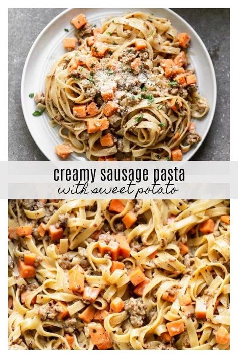 Pasta With Sweet Potato, Sweet Potato Pasta Recipe, Fall Pasta Dishes, Sausage Sweet Potato, Creamy Sausage Pasta, Entree Ideas, Sweet Potato Pasta, Fall Pasta, Sausage Recipes For Dinner