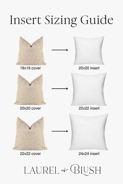 Stuff your pillows like a pro! Follow our recommendation and size up your inserts to get the perfect fill in your pillows. Pillow Cheat Sheet, Designer Pillow Covers, Blush Pillows, Chic Home Design, Pillow Combos, Clean Decor, Pillow Crafts, Cottage House, Pillow Cover Design