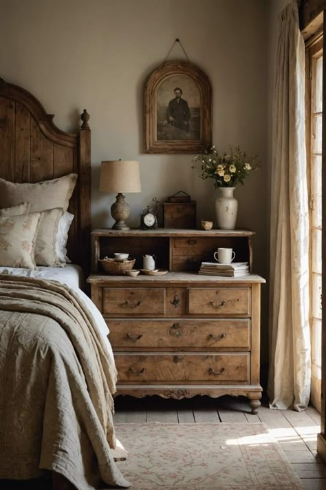 Country Style Aesthetic, Calm Master Bedrooms Cozy, Country Room Aesthetic, Bedroom With Wooden Bed, Vintage Country Aesthetic, Cottage Bedroom Aesthetic, Vintage Bedroom Aesthetic, Cottage Dresser, French Farmhouse Bedroom