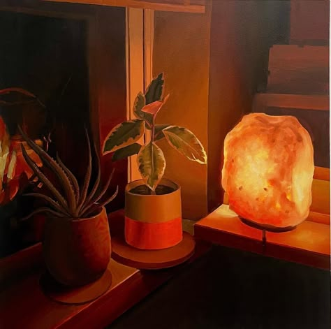 Print of an original oil painting of a bedroom scene at night. Cozy Bedroom Lamps, Warm Lamp Bedroom, Warm Lamp Lighting, Warm Glow Aesthetic, Salt Lamps Aesthetic, Painting Of A Bedroom, Cozy Lighting Bedroom, Warm Lighting Aesthetic, Warm Light Aesthetic