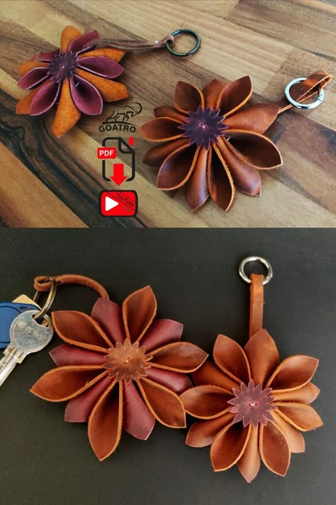 Leather Craft Projects Ideas, Leather Flower Pattern, Leather Products Ideas, Diy Leather Ornaments, Leather Craft Ideas, Diy Leather Flowers, Leather Card Wallet Pattern, Diy Bag Accessories, Leather Templates