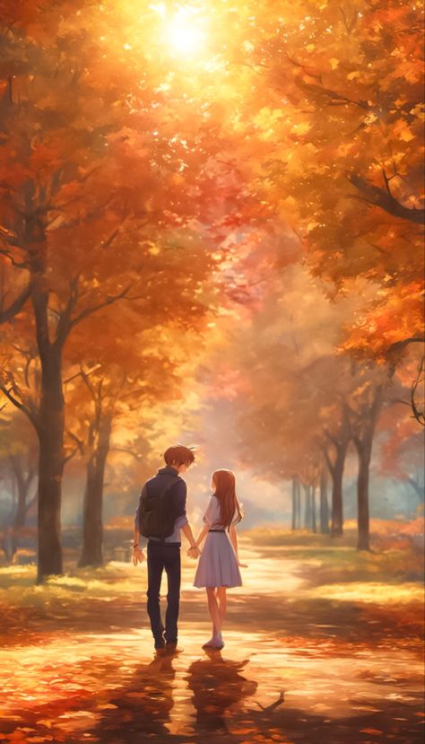 Anime style art of a couple holding hands in the park on a beautiful day in autumn with falling leaves Best Wallpaper Hd, Aesthetic Lockscreen, Beautiful Sunny Day, Romantic Wallpaper, Night Sky Photography, Couple Holding Hands, Instagram Inspiration Posts, Romantic Anime Couples, Cute Couple Drawings