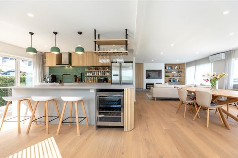 Before & After an Awkwardly Shaped Kitchen Redesign | Houzz AU Awkward Shaped Kitchen, Open Kitchen Island, Ethnicraft Dining Table, Remove Wall, Stone Benchtop, Kitchen Island Bench, Large Refrigerator, Shaped Kitchen, Slider Door