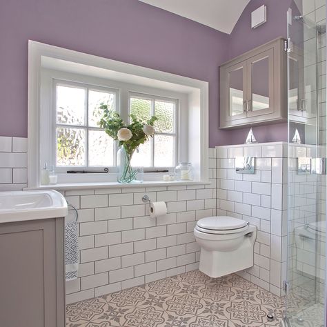 Lilac-and-white-bathroom-with-metro-tiles-4 Lilac Bathroom, Lavender Kitchen, Lavender Bathroom, Purple Bathrooms, White Bathroom Tiles, Bathroom Themes, Bathroom Red, Bathroom Inspiration Decor, Girls Bathroom