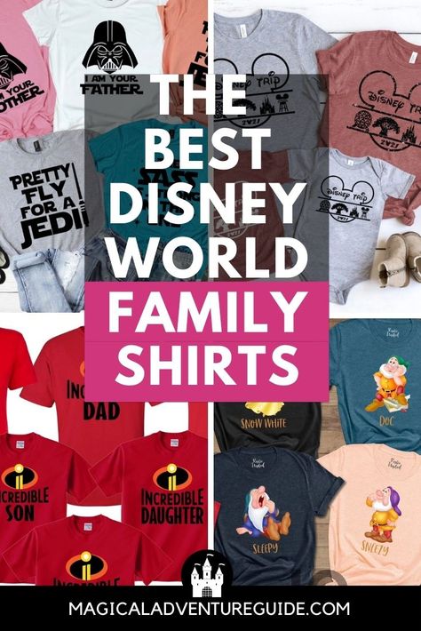 Whether you want a matching set, shirts coordinated by theme, or personalized tees, these top picks of the best family shirts for your Disney vacation are super fun! We've got something for everyone with these cute shirts! Disney Themed Shirts For Family, Disney Tee Shirt Ideas, Family Of 5 Disney Shirts, Matching Disneyworld Shirts, Disney Tees Family, Disney Shirts For Cousins, Matching Shirts For Disney World, Disney Shirt Designs Family Vacations, Family Shirts Disney World