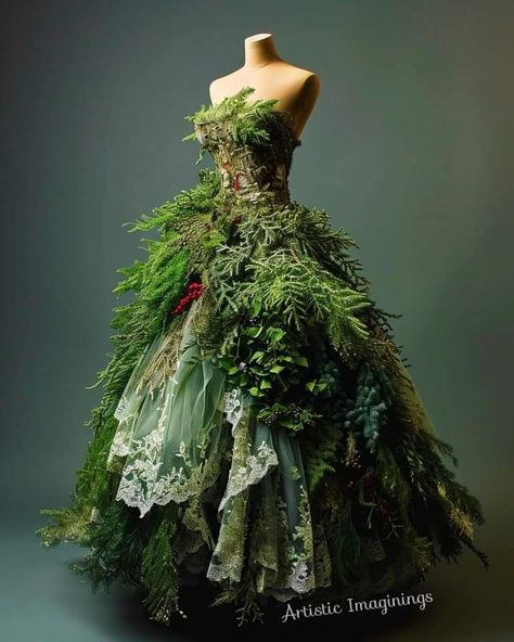 Enchanted Forest Inspired Dresses, Earth Goddess Dress, Forest Inspired Fashion, Green Fairy Dresses, Forest Themed Dress, Nature Dress Aesthetic, Dress Made Out Of Flowers, Mother Nature Cosplay, Garden Of Eden Dress