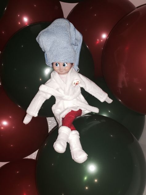 Elf on Shelf in bathrobe Elf On The Shelf Robe Ideas, Elf On Shelf, Elf Antics, Elf Ideas, Shelf Ideas, On The Shelf, The Elf, Elf On The Shelf, Elf