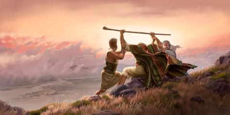 Do not let your hands drop down.  Moses holds the rod of the true God while Aaron and Hur support his arms Woord Van God, Christian Activities, Bible Images, Bible Illustrations, Family Worship, Bible Pictures, Prophetic Art, Biblical Art, Jehovah's Witnesses