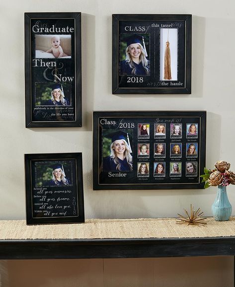 Senior Picture Frame Ideas, Achievement Wall, Photo Frame Ideas, Diploma Display, School Years Picture Frame, Graduation Picture Frames, Graduation Box, Cute Picture Frames, Graduation Frame