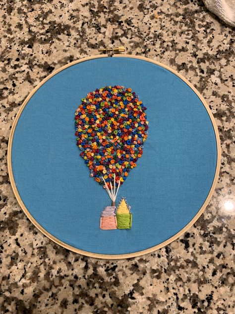 Pixar’s UP house and balloons embroidery homemade. #embroidery #pixar #disney #disneycrafts #frenchknot #satinstitch #up Embroidery Up House, Easy Disney Embroidery, Up Embroidery Pixar, Up House Embroidery, Embroidery Patterns Disney, Homemade Embroidery, Up Embroidery, House Embroidery, Knot Embroidery