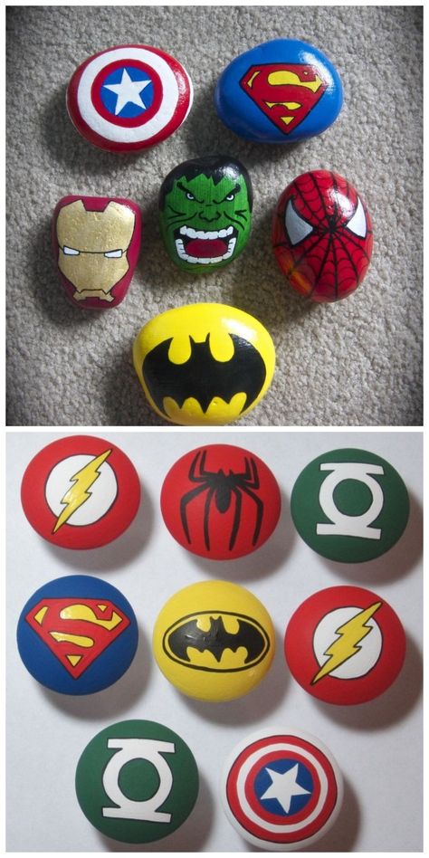 Spider Man Painted Rocks, Marvel Clay Ideas Easy, Superhero Rock Painting, Marvel Rock Painting, Star Wars Rock Painting Ideas, Marvel Painted Rocks, Marvel Crafts For Kids, Avengers Painting, Cool Drawings For Kids