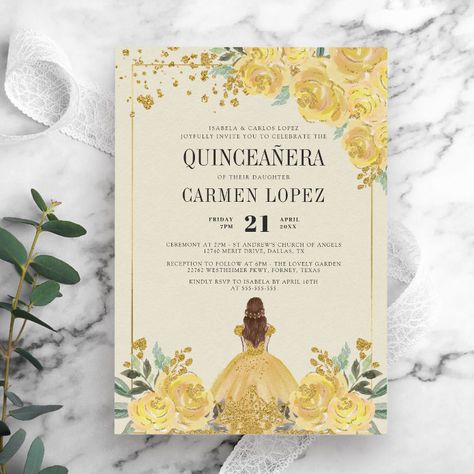 Floral Glitter Gold & Yellow Princess Quinceanera Invitation - tap, personalize, buy right now! #Invitation #budget #quinceanera #birthday #invitation, #quincea&241;era Yellow Quince, Invitations Quinceanera, Quince Invitations, Quinceanera Invitation, Quince Ideas, Invitation Floral, Butterfly Birthday, Quinceanera Invitations, Vintage Glam