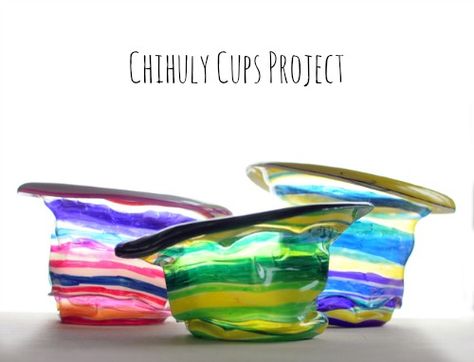 Welcome, Pinterest people! I've had so many questions regarding my Chihuly cup project. I made these with cups I bought at our local grocery store, and since then have had trouble finding. Boo. I used the cups with the little #6 on Chihuly Art Projects For Kids, Chihuly Art Projects, Muffin Activities, Alfrado Sauce, Dale Chihuly Art, Cup Sculpture, Charity Crafts, Awana Ideas, Preschool Spring