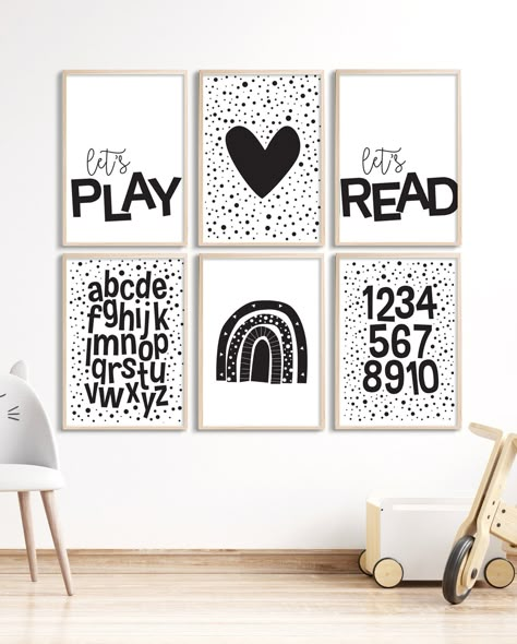 Black Furniture Playroom, Black And White Playroom Rug, Black And White Toy Room, Playroom Black And White, Black And White Playroom Ideas, Black And White Nursery Girl, Black And White Toddler Room, Black Playroom, Monochrome Playroom